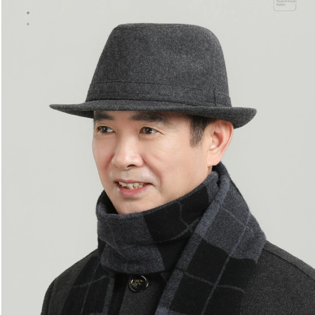 秋冬季爸爸羊毛礼帽男士保暖爵士帽中老年人帽子男爷爷牛仔绅士帽