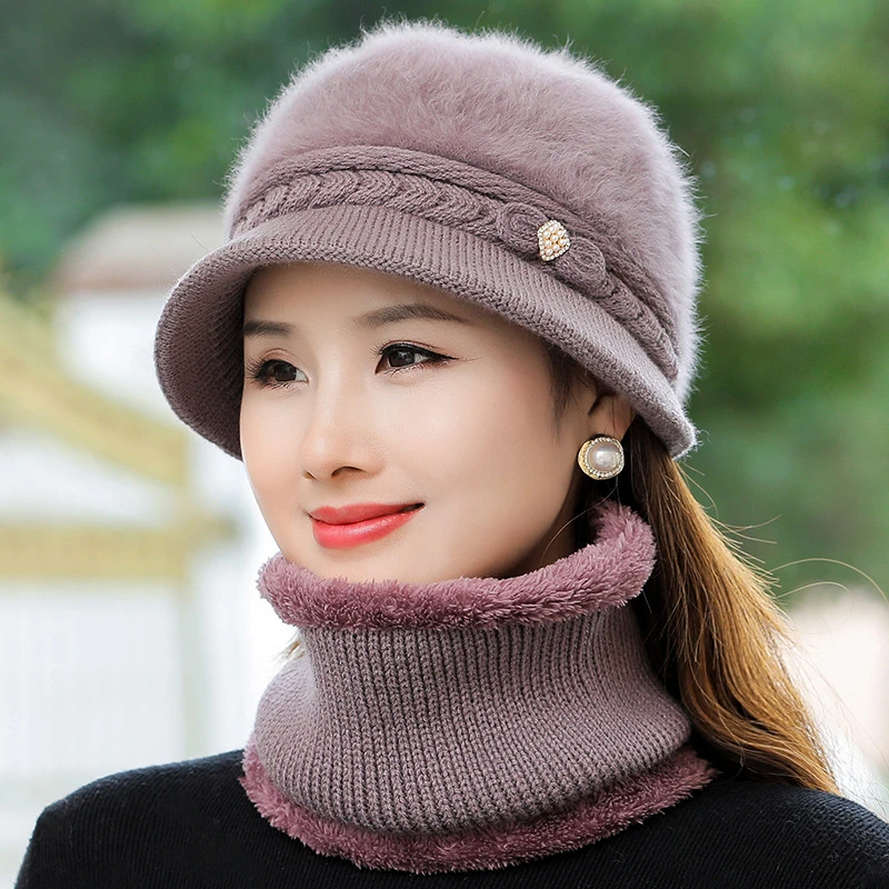 冬季中老年针织帽子女兔毛毛线帽老人奶奶帽子加绒厚保暖妈妈盆帽