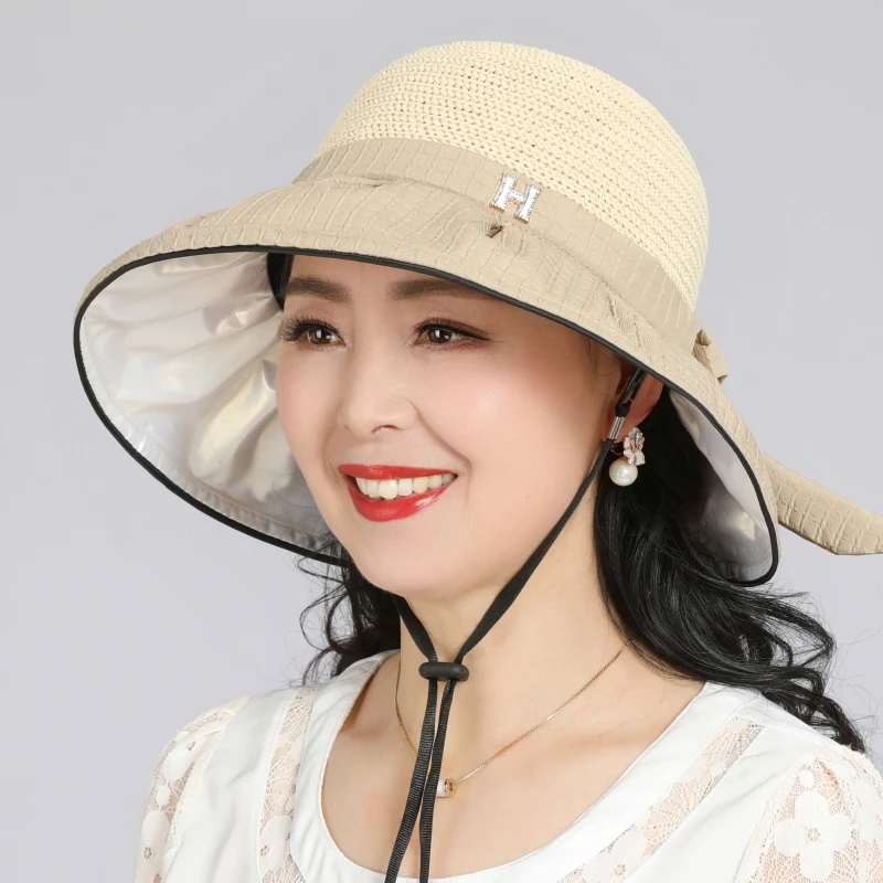 中老年夏季遮阳帽子女黑胶防紫外线妈妈防晒太阳帽大檐渔夫帽凉帽