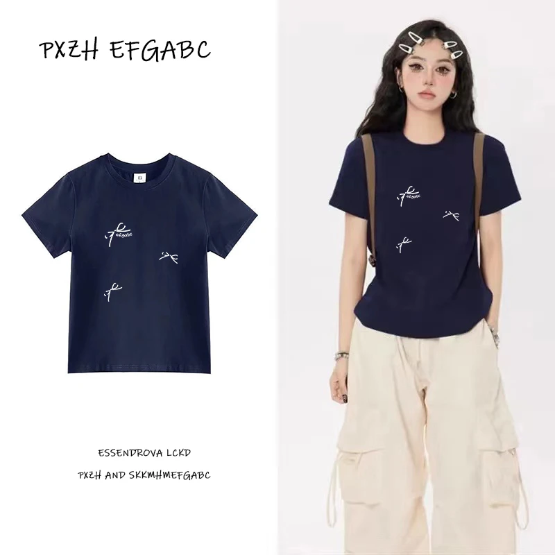 PXZH纯棉韩版美式夏季新款蝴蝶结短袖修身设计显瘦打底衫T恤女ins