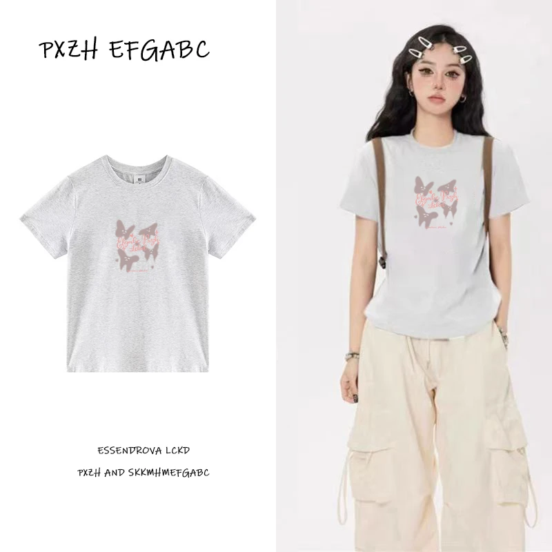 PXZH纯棉2024夏季韩式卡通可爱蝴蝶印花正肩小众修身T恤女设计感