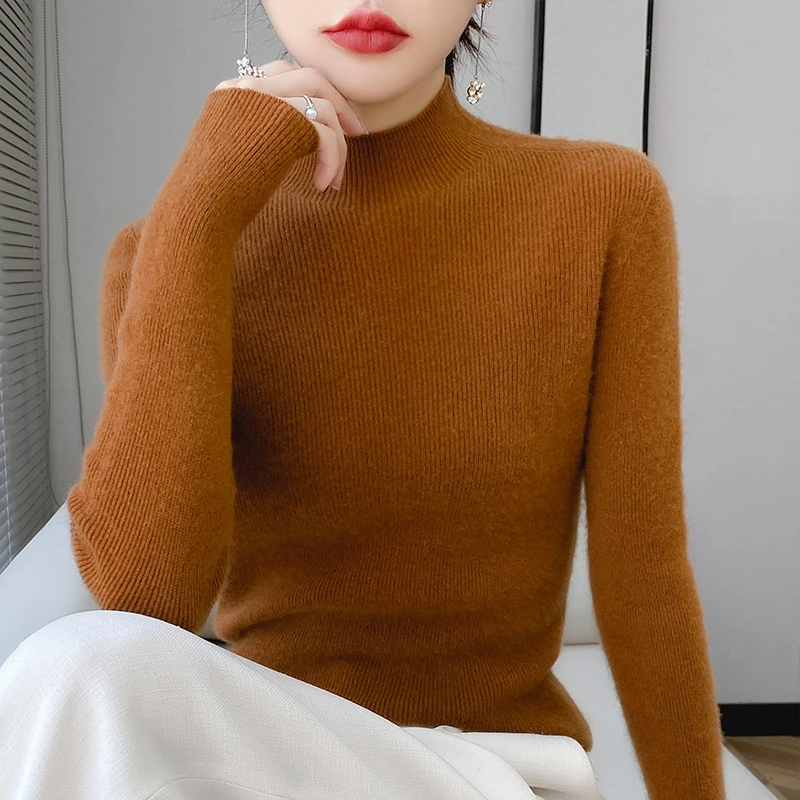 冬季新款百搭一线成衣100%纯羊毛衫女半高领纯色抽条修身时尚毛衣