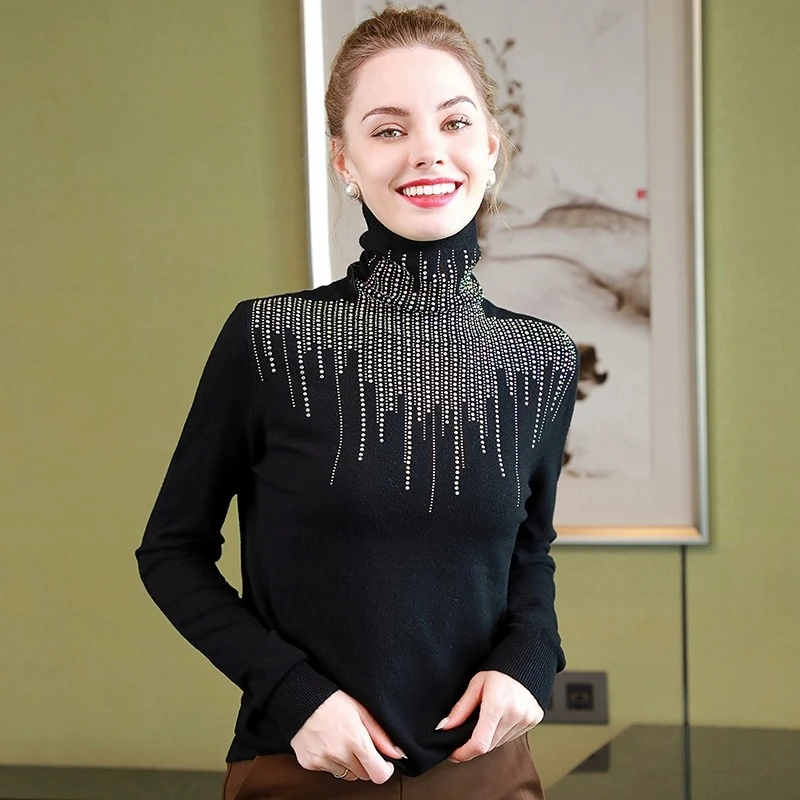 高领打底衫女秋冬内搭长袖2023新款修身显瘦重工镶钻洋气减龄上衣