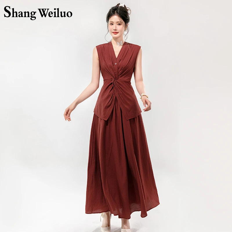 高级感V领不规则纽结套装裙女2024新款法式气质慵懒风无袖两件套