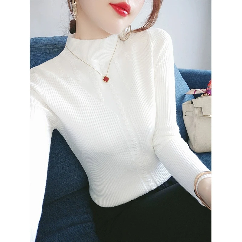 白色软糯毛衣女秋装2023年新款气质修身高领打底衫针织上衣女装