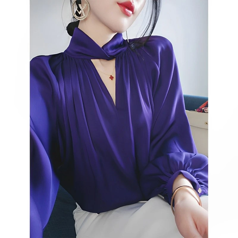 缎面v领衬衫女春秋长袖上衣2023新款法式高级感气质女士职业衬衣