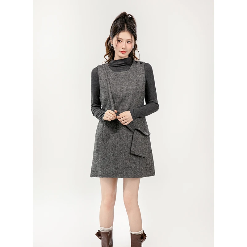 美式复古马甲背心裙女2024秋季新款休闲小个子长袖打底T恤两件套