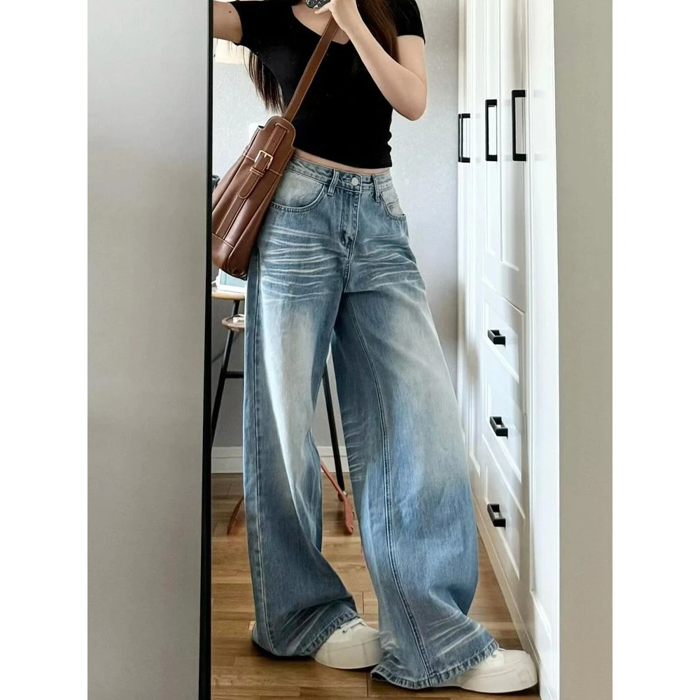 美式复古阔腿牛仔裤女2025春季新款水洗蓝宽松显瘦垂感直筒拖地裤