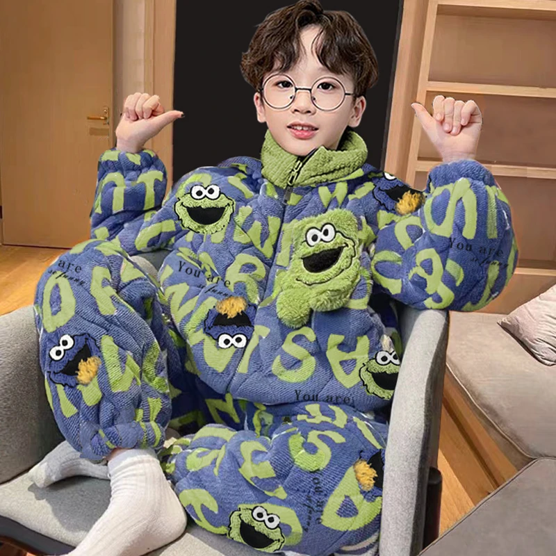 儿童睡衣男童小男孩秋冬季三层夹棉加厚款2025新款加绒珊瑚绒冬天