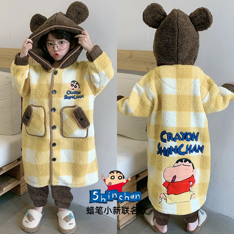 蜡笔小新秋冬季儿童珊瑚绒睡衣大童男童男孩加厚款加绒法兰绒冬天