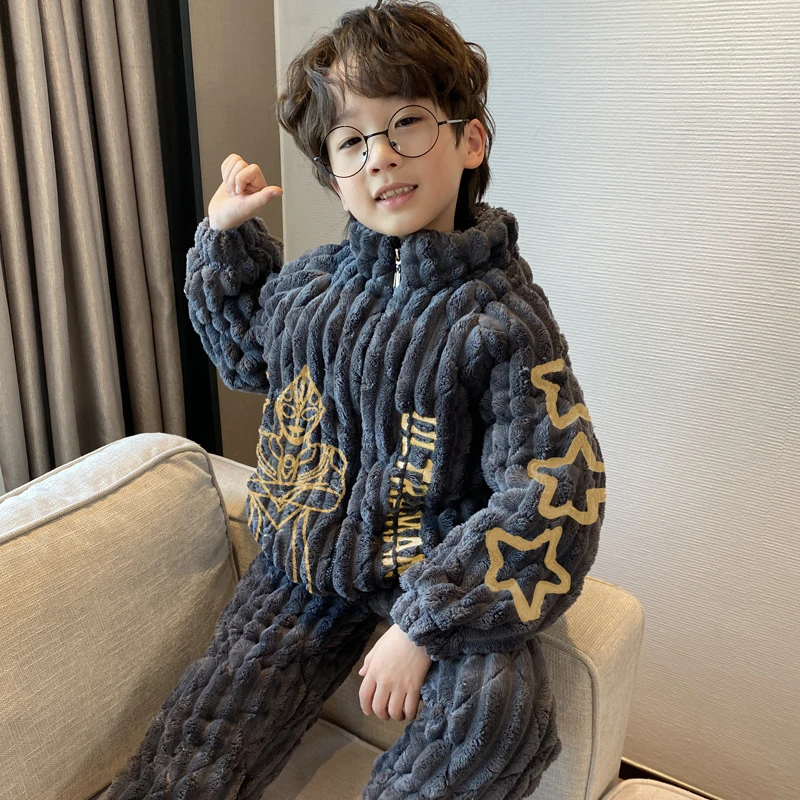 儿童睡衣男童男孩冬季三层夹棉加厚款2025新款冬款加绒珊瑚绒冬天