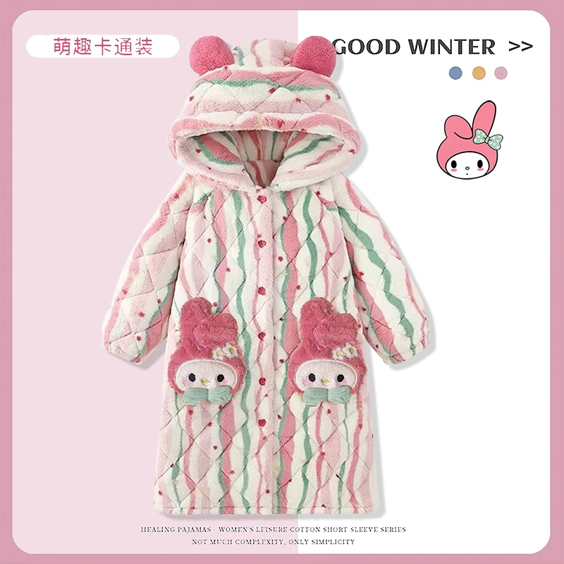 女童睡袍三层夹棉秋冬季加厚款小女孩珊瑚绒儿童睡衣浴袍2024新款