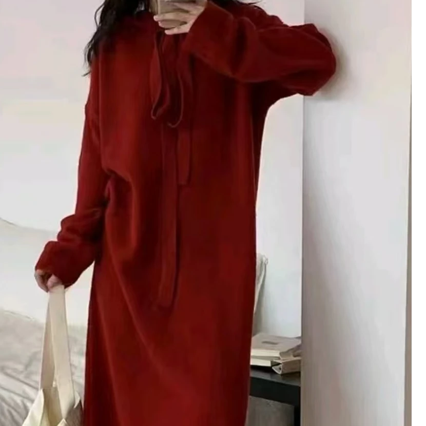 吴依舍[1009]纯色百搭针织加长版宽松加厚显瘦套头帽衫针织衫