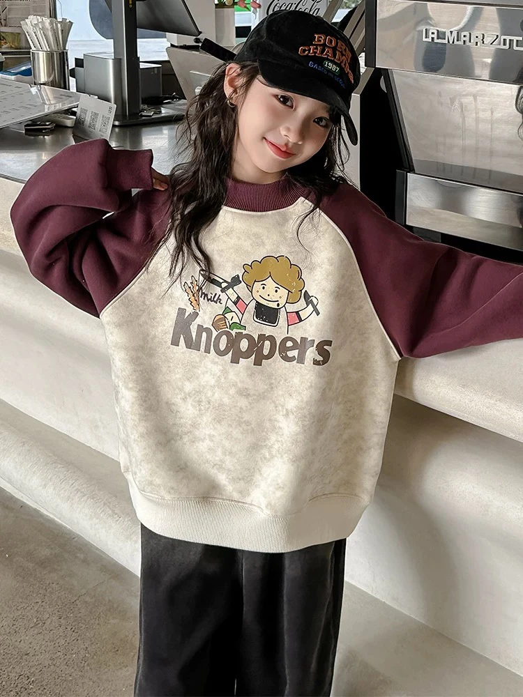 秋冬新款插肩袖男童女童卫衣套头圆领拼接卫衣