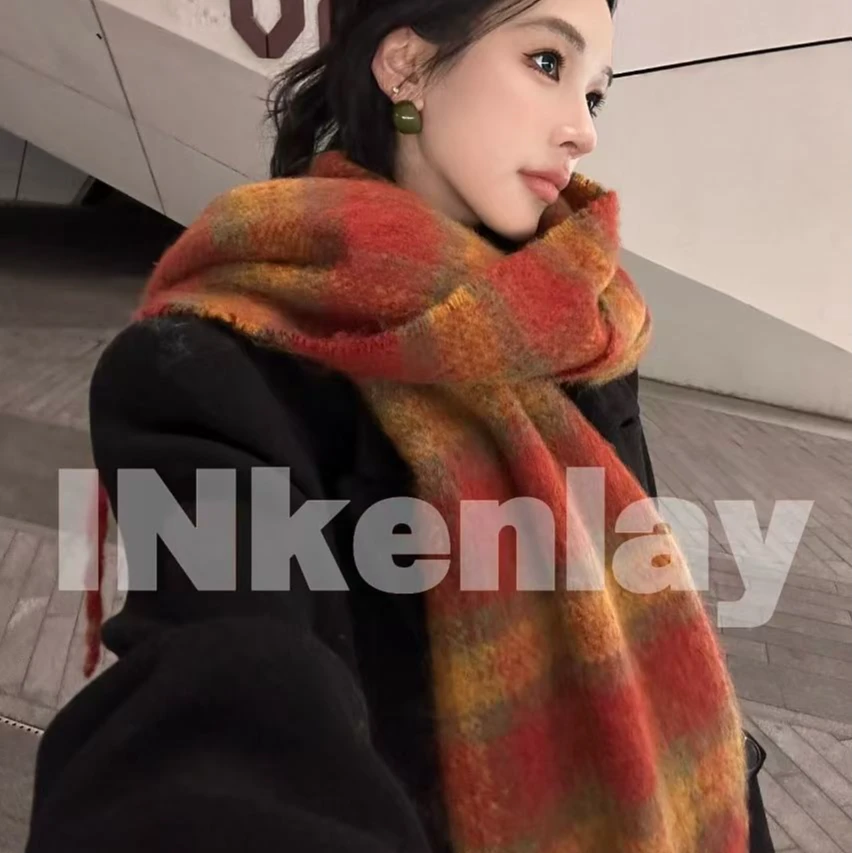【INkenlay】南瓜色格子围巾女秋冬季英伦拼色仿毛绒保暖加厚围脖