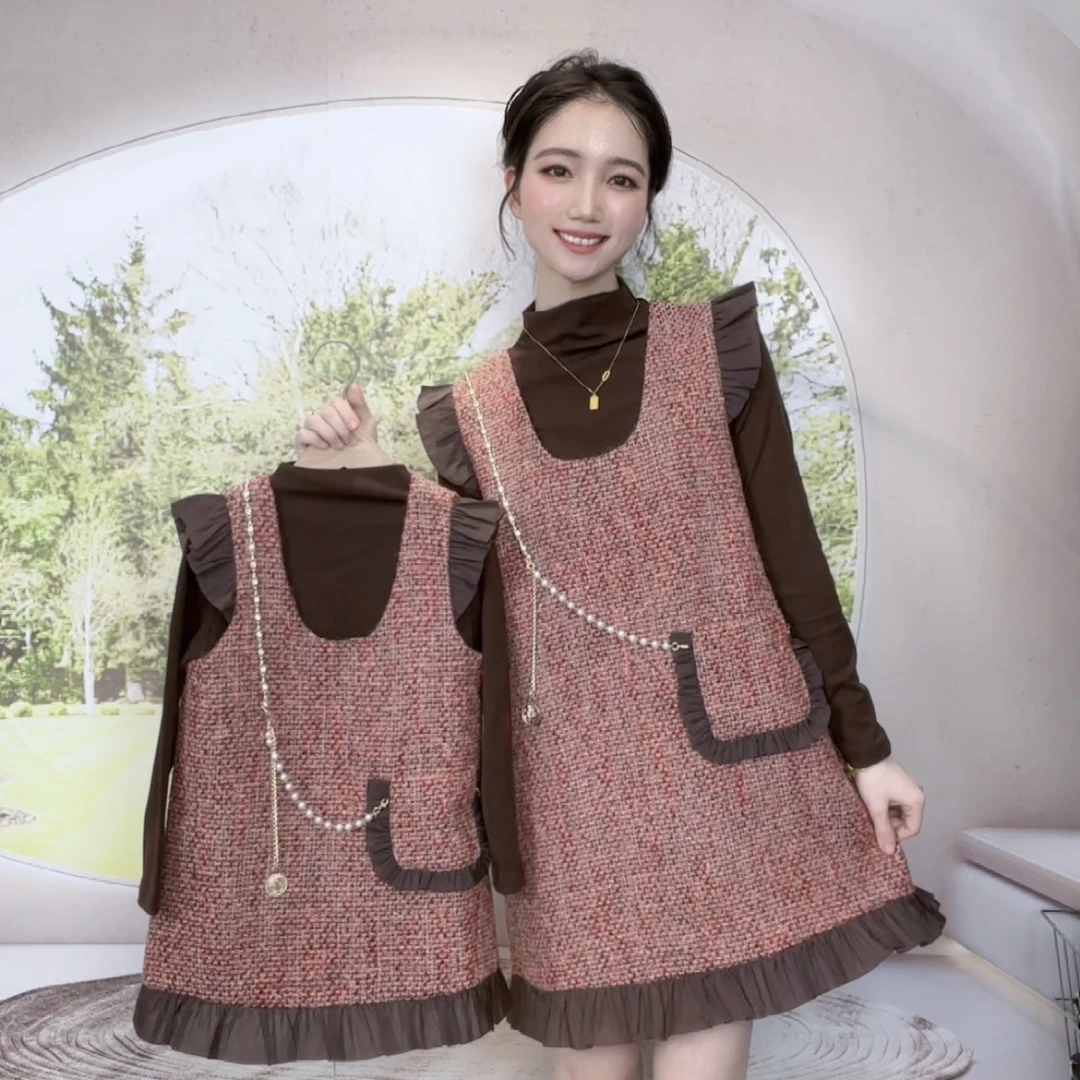 【现货】亲子小香风两件套背心裙女童2024春装荷叶边洋气连衣裙套装