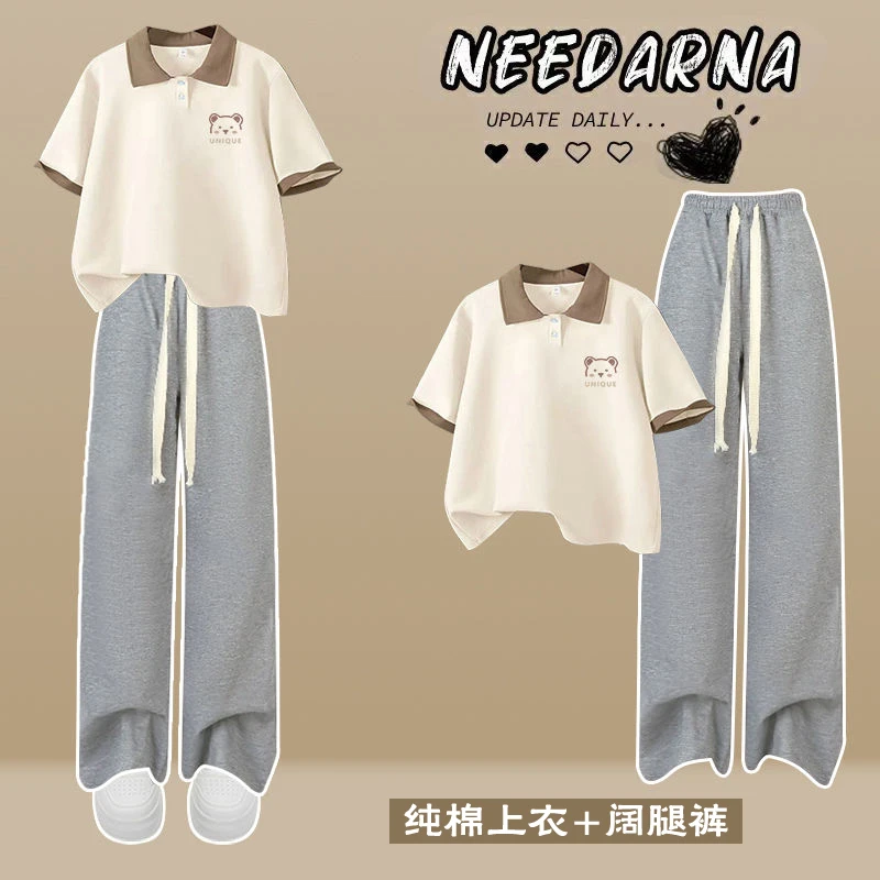 12-15岁女童夏季学院风套装学生polo衫纯棉短袖t恤+阔腿裤两件套
