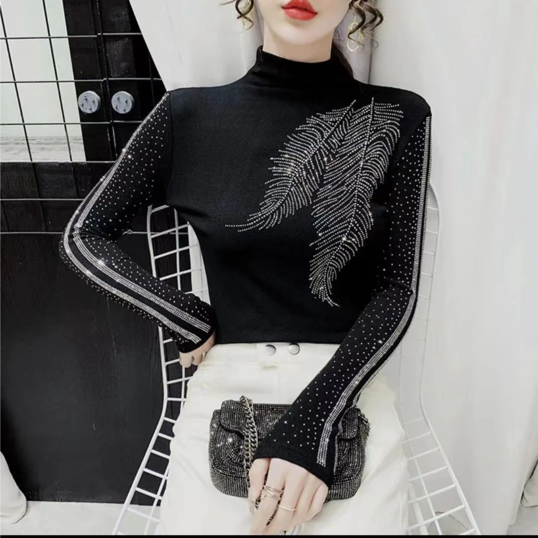 半高领烫钻长袖气质时尚显瘦修身秋冬黑色百搭加绒加厚ins重工001