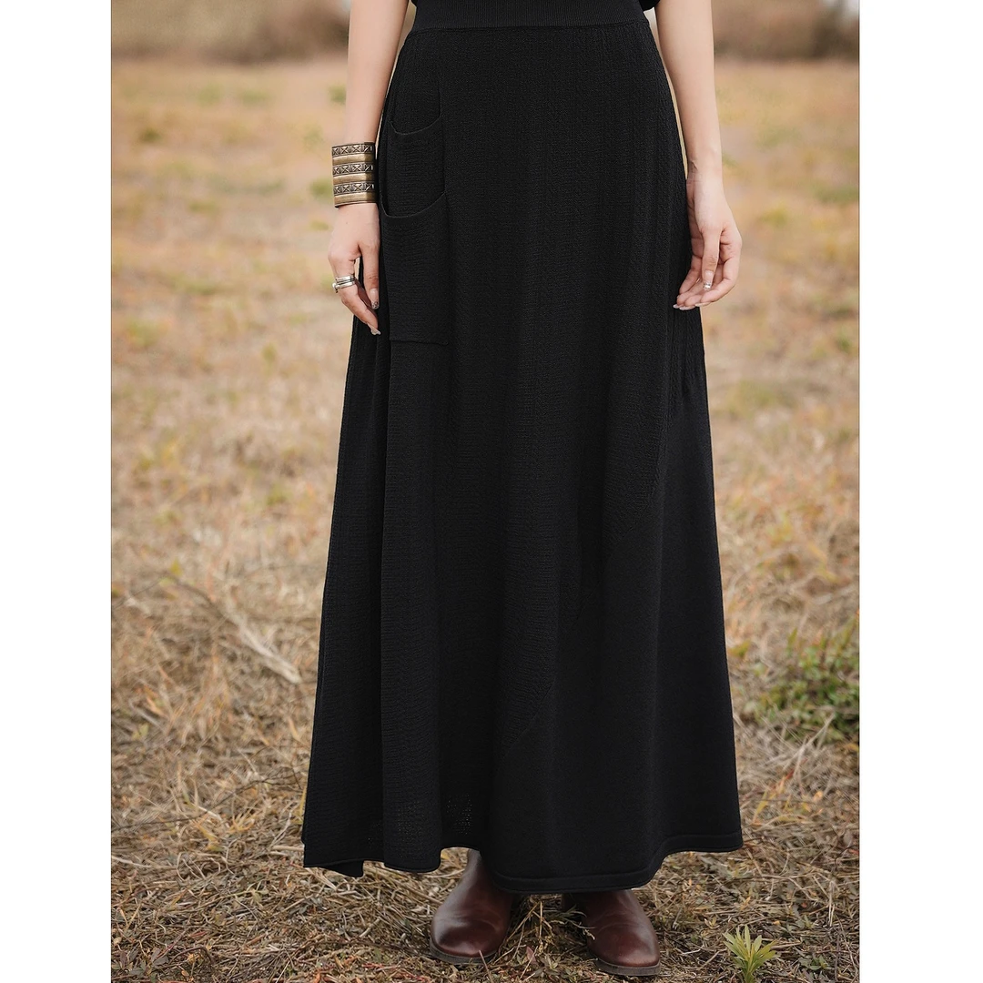 娜三月【植物染】复古简约文艺口袋款黑色半裙半身裙裙子58817女装