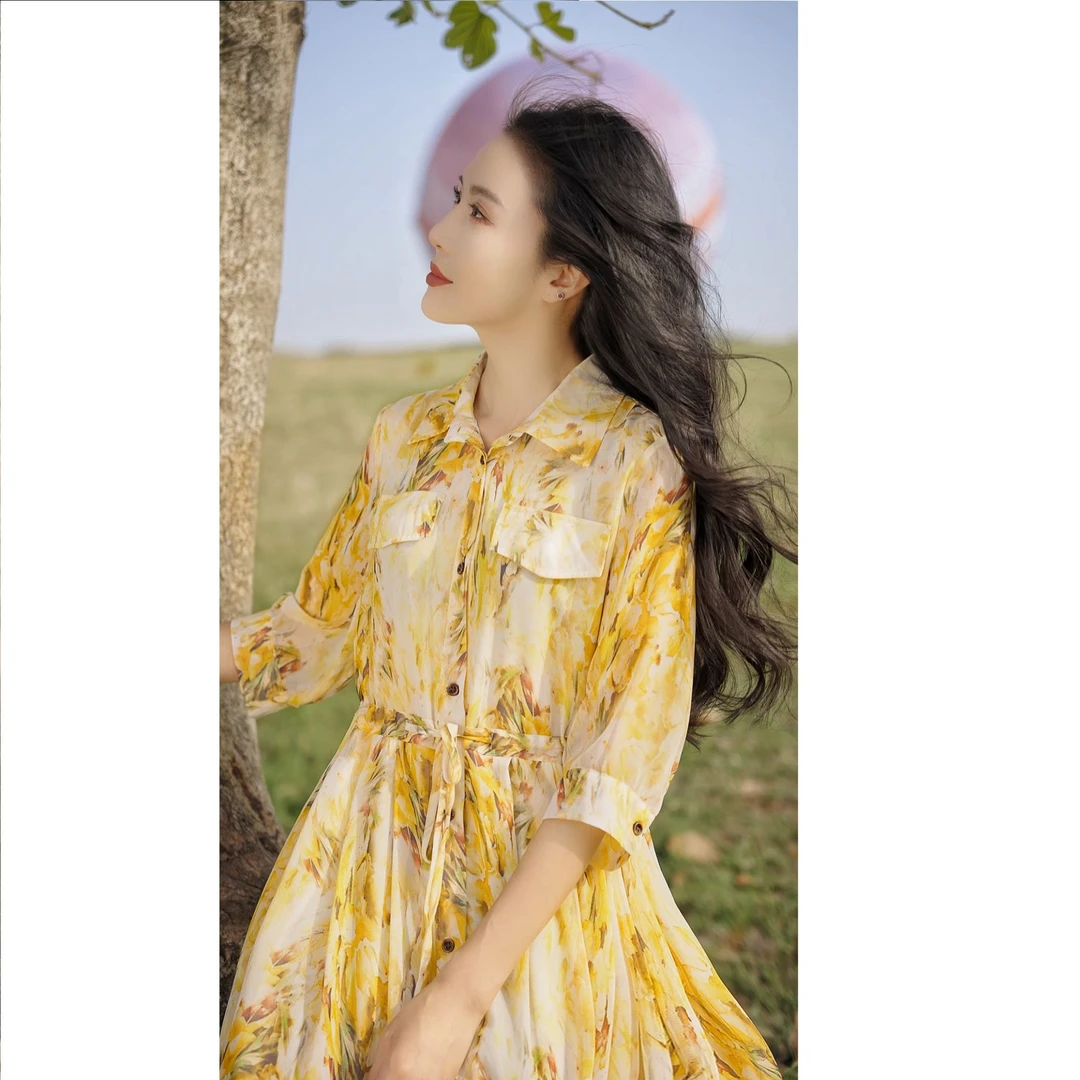 娜三月油画连衣裙法式印花女神波西米亚飘逸轻盈感女装连衣裙912