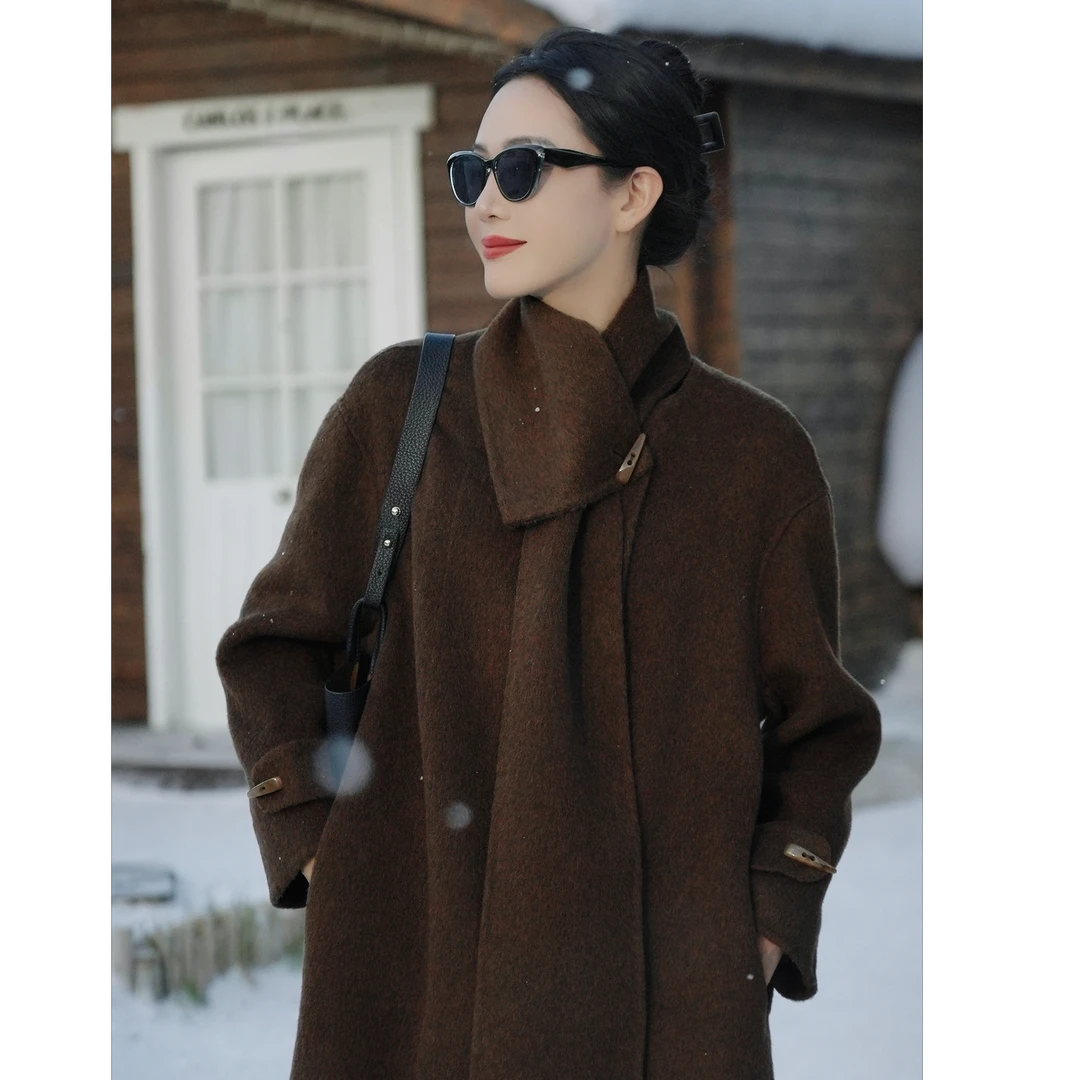 娜三月【高端线】高级款含桑蚕澳洲超细羊毛大衣(围巾可拆卸) 8002