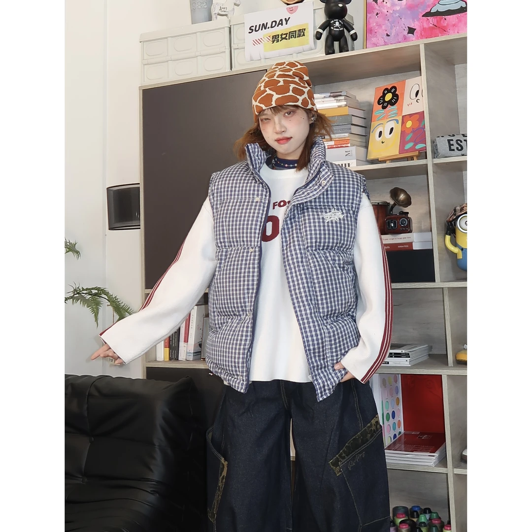 SUN.DAY秋冬美式午袖棉马夹格子坎肩男女宽松潮流叠穿马甲6626