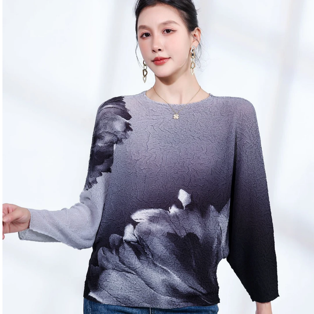 三宅褶皱秋新款棉花糖水墨晕染上衣中国风T恤宽松舒适2024新