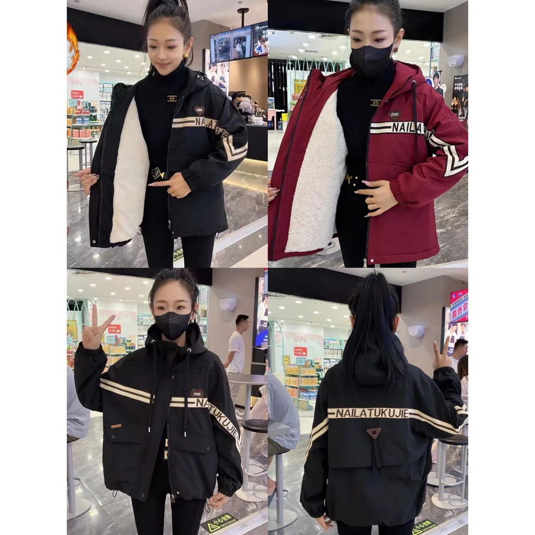 加绒加棉～2024冬季新款连帽户外加厚冲锋衣韩版休闲宽松百搭