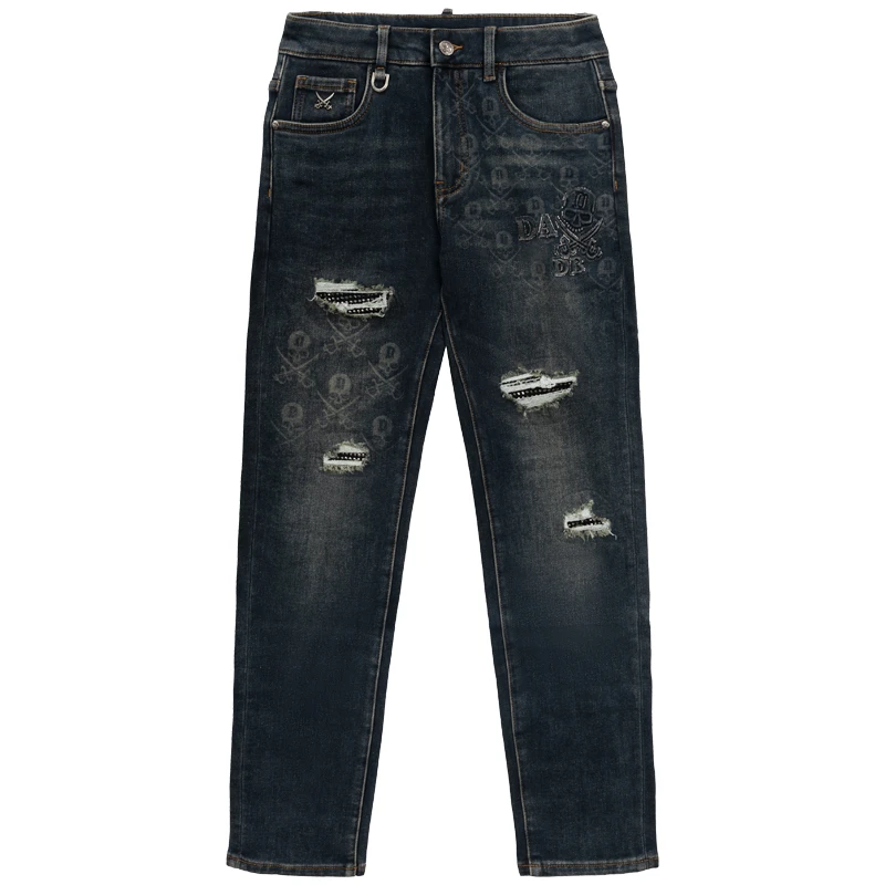 【DA双刀】秋冬新款休闲复古深蓝色时尚百搭宽松破洞弹力直筒裤-019