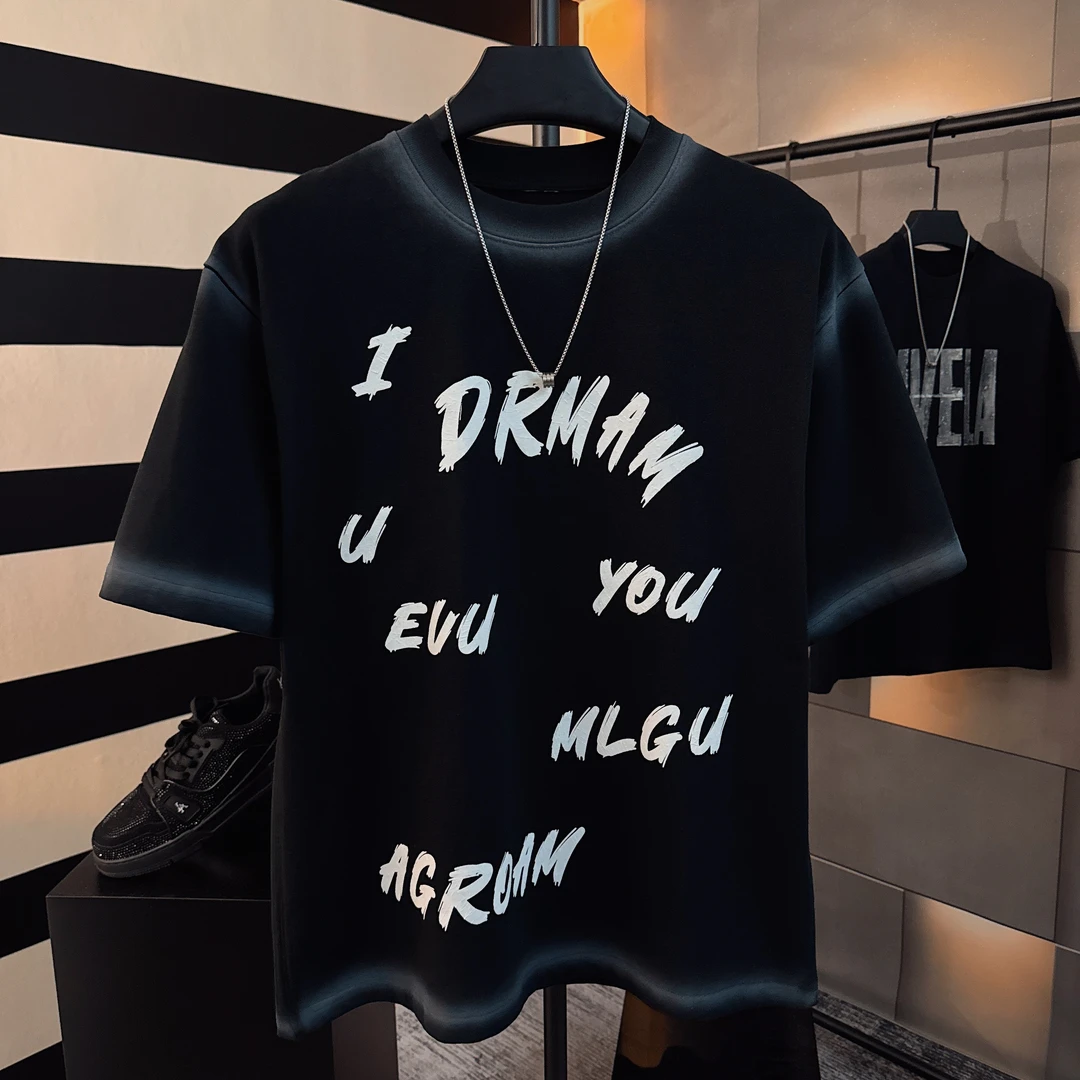 「one day」夏季新款重磅纯棉不规则排列字母圆领短袖