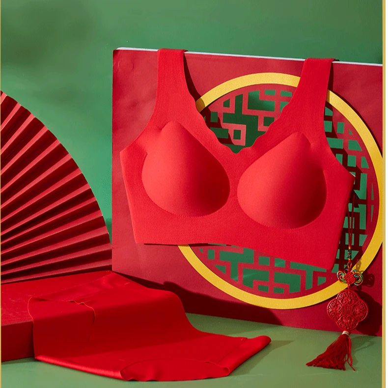 花贝柔三撇杯喜庆红色内衣套装美背女士无痕睡眠大胸显小文胸罩