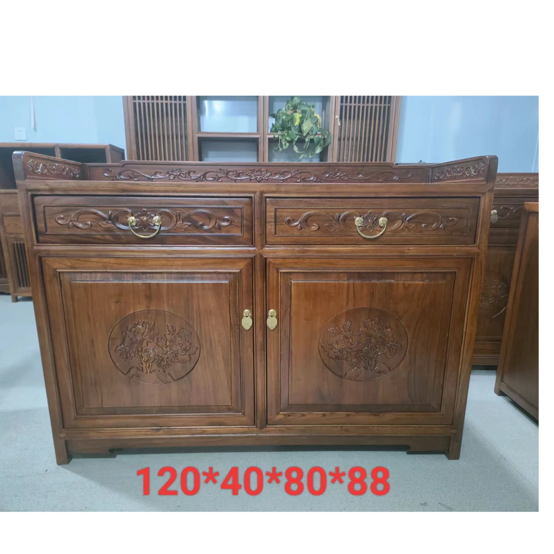 老榆木新中式仿古餐边柜美式复古客厅家用玄关古典雕花门厅