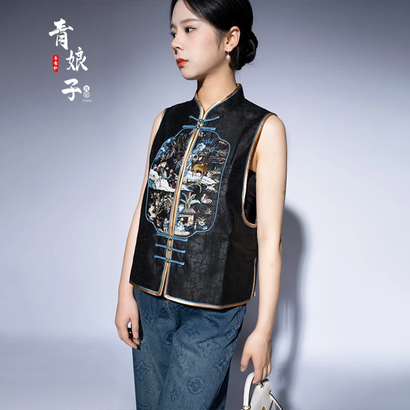 青娘子香云纱(晨筠)龟裂纹刺绣新中式宽松复古中国风马甲51044