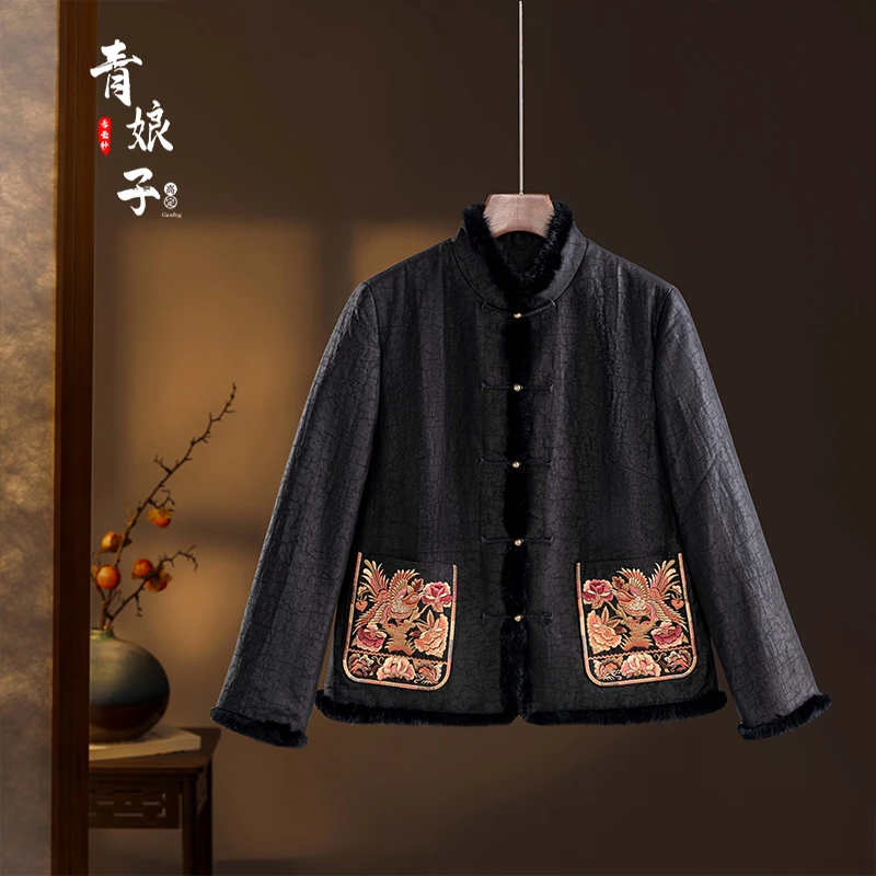 青娘子香云纱（雨嘉）龟裂纹刺绣新中式百搭棉服50975