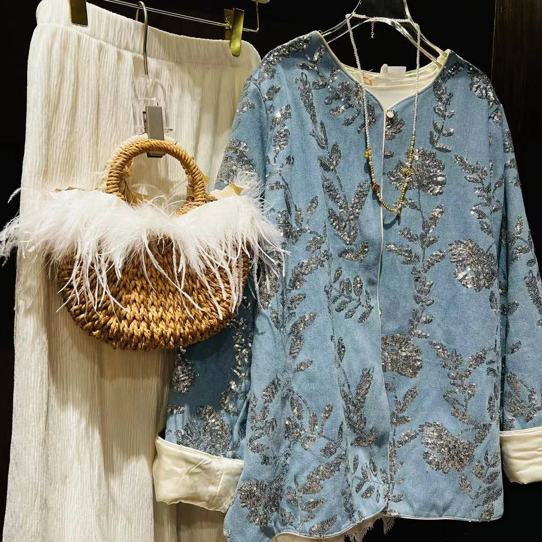 【月未央】大码新中式冬季牛仔加棉重工亮片秀棉外套