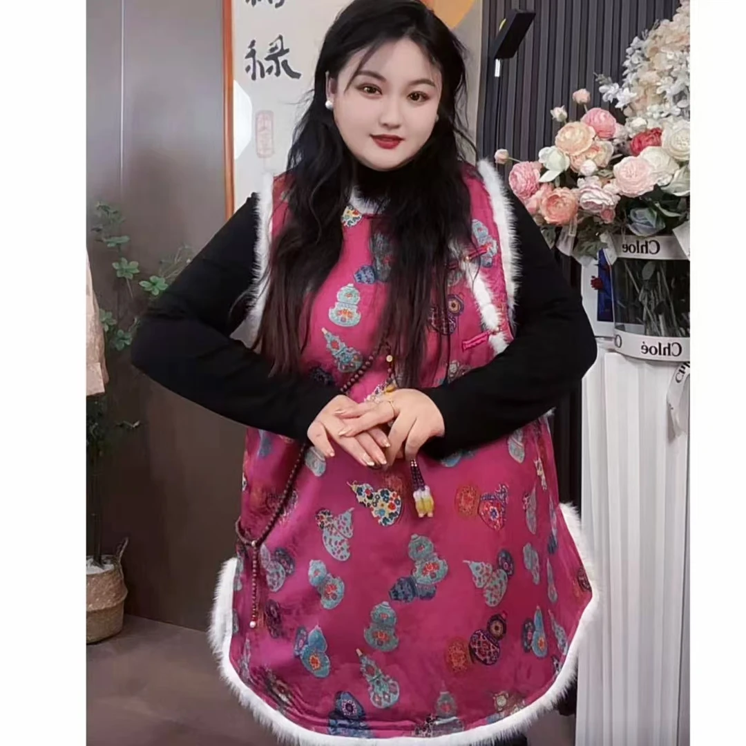 【甄胖·七宝福禄】新中式大码女装醋酸人丝提花真貂毛中长褂