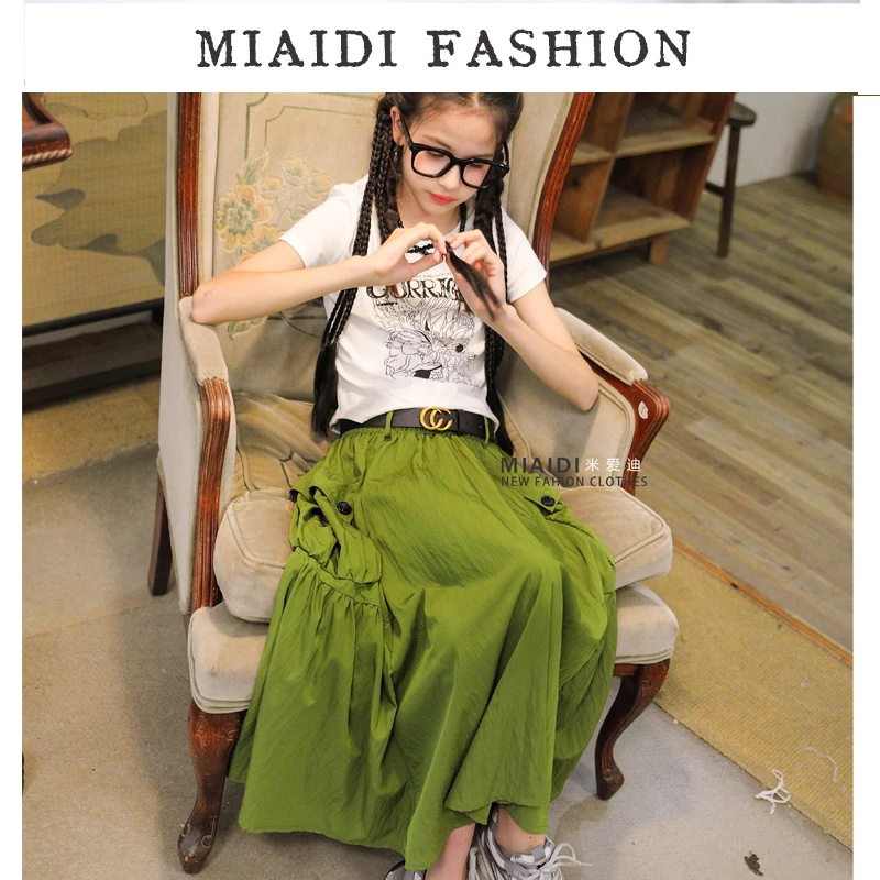 2024夏季百搭套裙套装短袖T恤+立体口袋中长款半身裙女童女大童