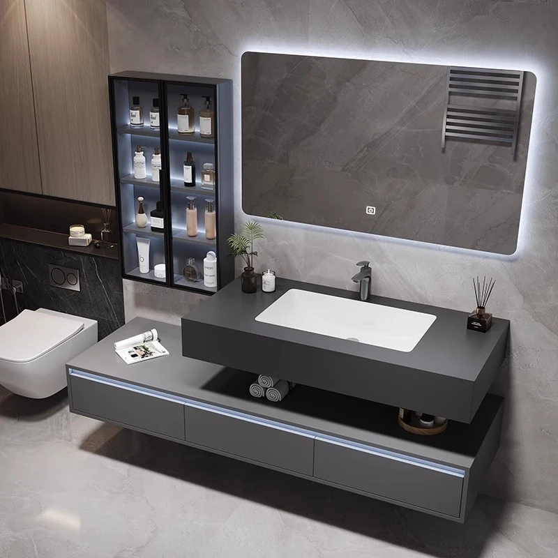 酒店风智能双盆浴室柜组合超大边柜洗脸盆池岩板洗手台盆洗漱台柜