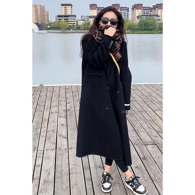 黑色双面羊毛大衣女中长款2025年新款秋冬季小个子加厚羊毛外套