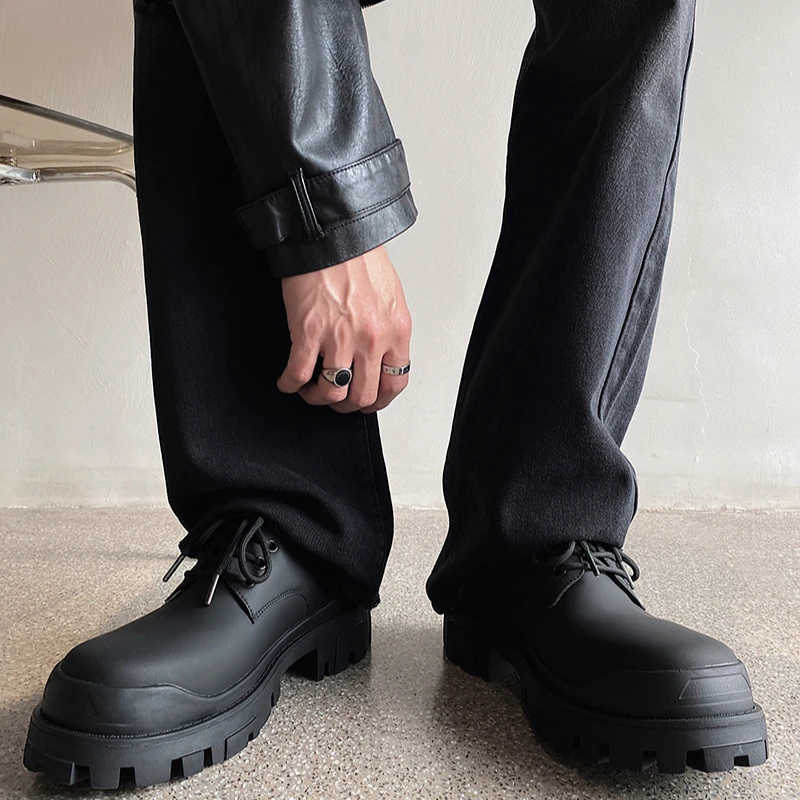 16005潮流时尚休闲增高黑色皮鞋圆头百搭厚底系带英伦风