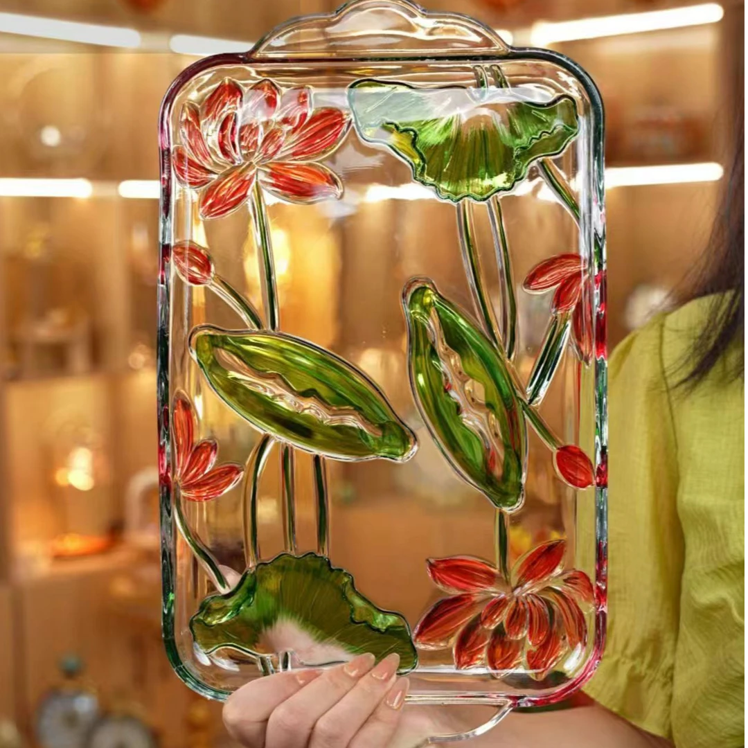 创意荷花彩色玻璃盘甜点水果盘
