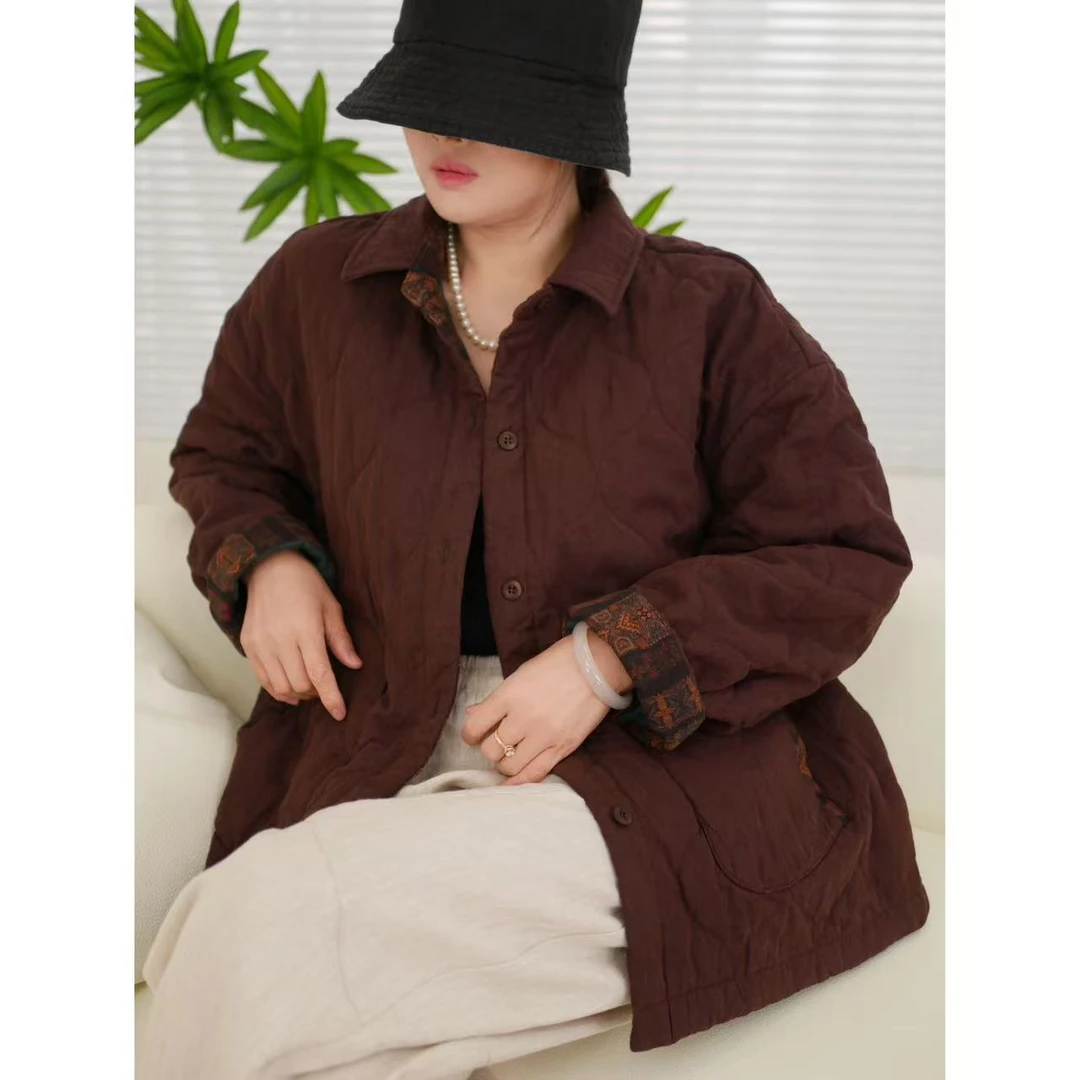 兰姐直播间冬季新款时尚百搭小方领雨露苎麻蚕丝棉服1021