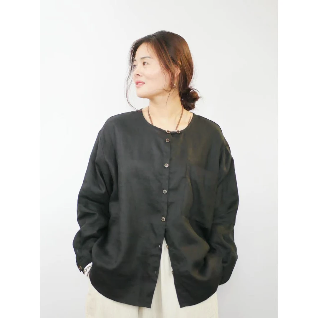 兰姐服饰直播间新款时尚百搭纯色设计款亚麻圆领长袖衬衫1006