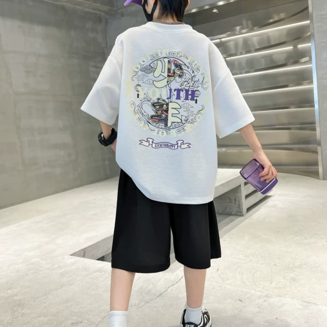 新2024儿童夏季小众宽松印花圆领套装