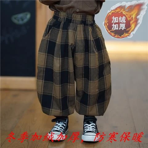 2023韩版男童格子裤儿童裤子女童宝宝小童灯笼裤束脚长裤潮秋冬