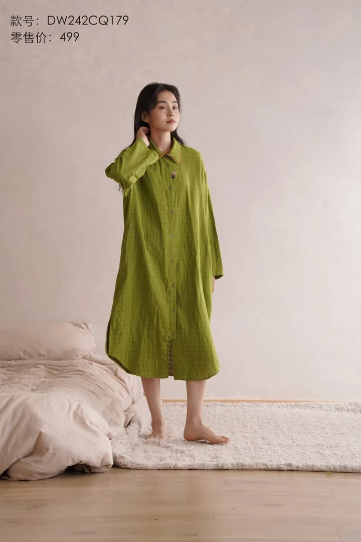 朵朵可可睡衣女春秋新款棉纱小方领绿色印花刺绣甜美风睡裙