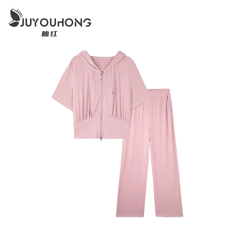 JUYOUHONG2023新款夏季气质高腰薄款连帽短袖阔腿裤时尚套装