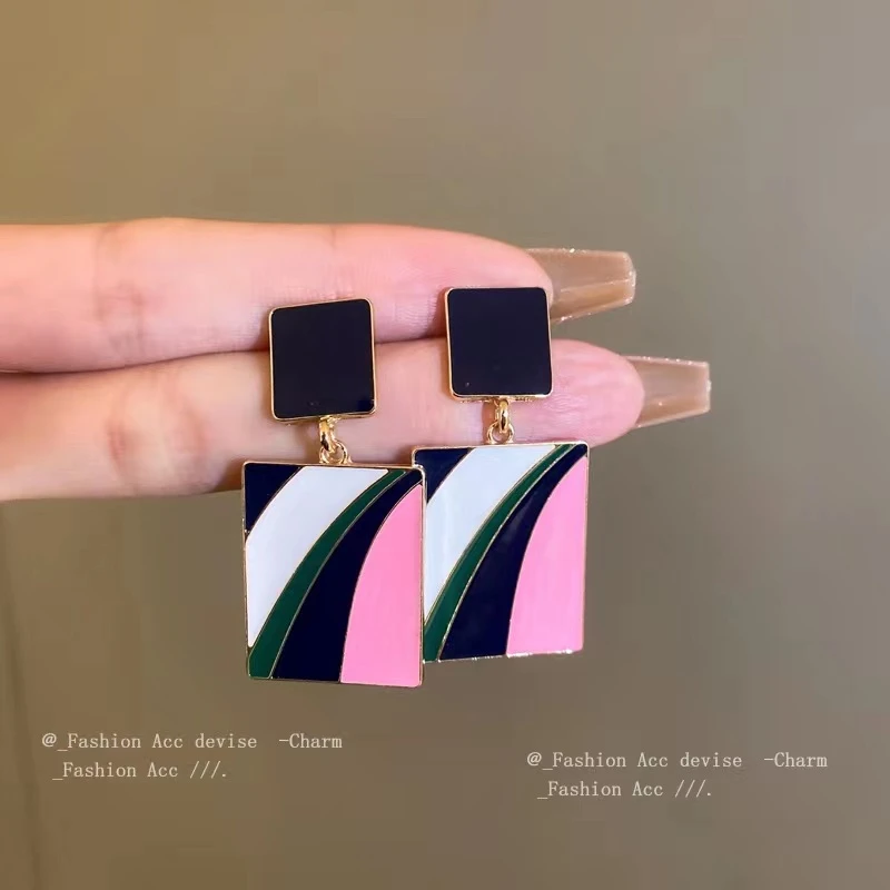 铜合金耳饰 拼色长方块气质潮流滴油百搭耳饰