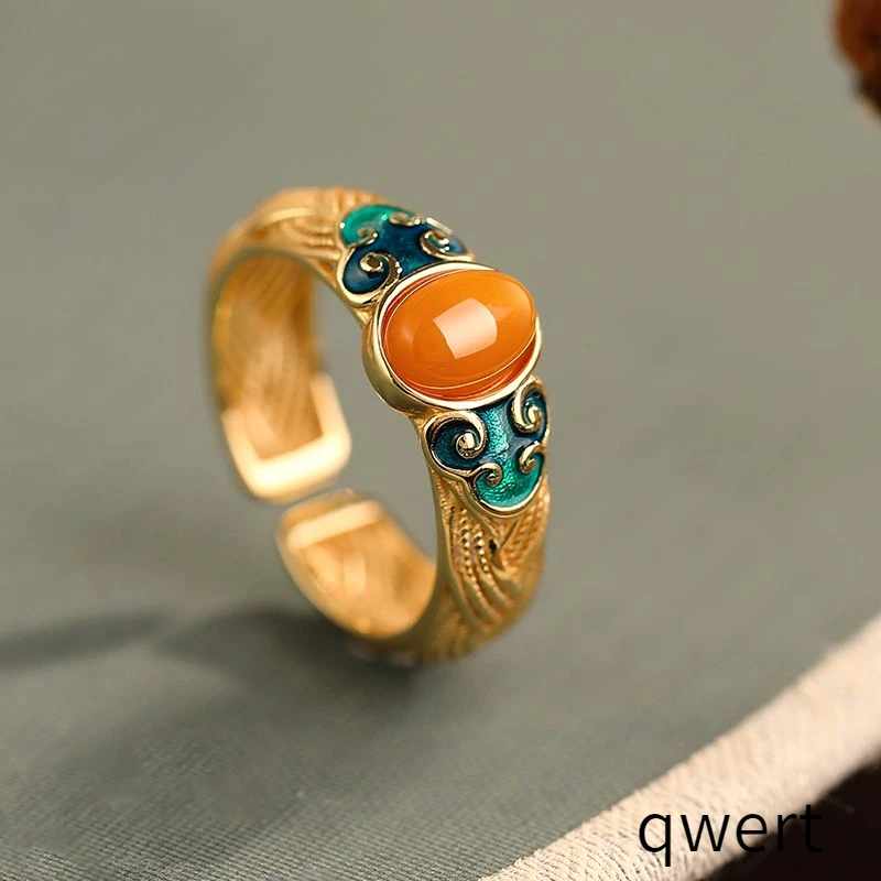 祥云戒指古法宫廷风复古珐琅开口指环母亲节国潮镶嵌烧蓝时尚饰品