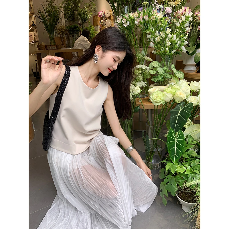 【罗曼史】RARE ME法式半透明网纱拼接百褶连衣裙圆领背心长裙